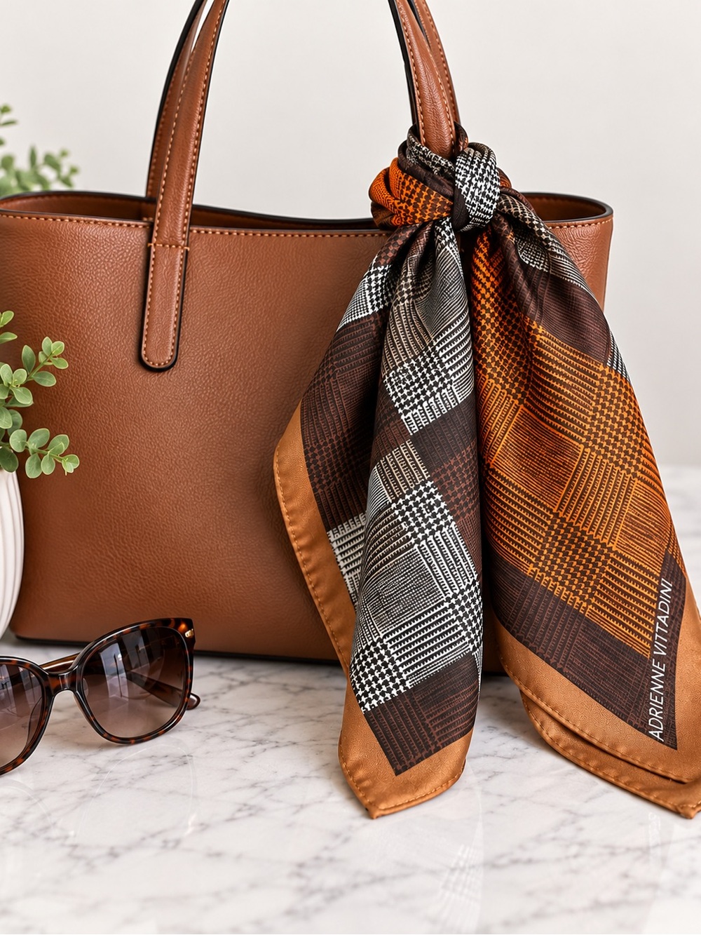 Adrienne Vittadini  Small Square Scarf Brown Orange Gray Plaid Houndstooth